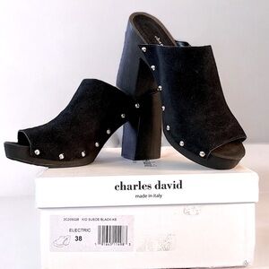 NWT Charles David Electric Studded Platform Open-toe Slide Blk Suede size 38/7.5